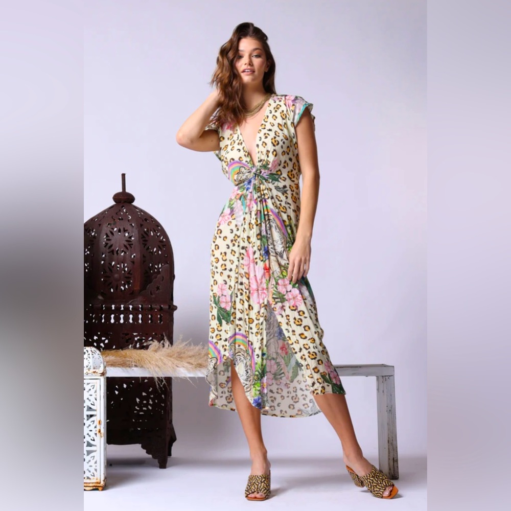 Floral Leopard Print Midi Dress - Cream